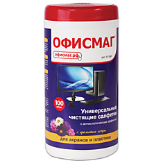 Чистящие салфетки ОФИСМАГ для экранов и пластика универсальные Астра в тубе 100 шт. влажные 511691
