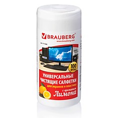 Чистящие салфетки BRAUBERG для экранов и пластика универсальные Лимон в тубе 100 шт. влажные 511688