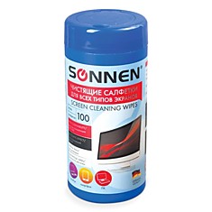 Чистящие салфетки SONNEN в тубе 100 шт. для экранов мониторов и оптических поверхностей влажные Германия 511486