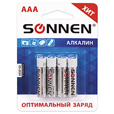 Батарейки SONNEN Alkaline AAA (LR03 24А) алкалиновые 4 шт. в блистере 451088