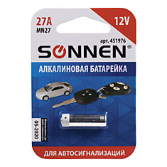 Батарейка SONNEN Alkaline 27А (MN27) алкалиновая для сигнализаций 1 шт. в блистере 451976