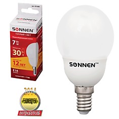 Лампа люминесцентная энергосберегающая SONNEN шар Т2 7 (30) Вт цоколь E14 12000 ч. теплый свет премиум 451080