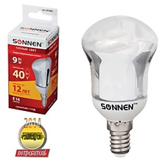 Лампа люминесцентная энергосберегающая SONNEN зеркальная Т2 9 (40) Вт цоколь E14 12000 ч. d=50 мм теплый свет премиум 451082