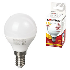 Лампа светодиодная SONNEN 5 (40) Вт цоколь E14 шар теплый белый свет LED G45-5W-2700-E14 453701