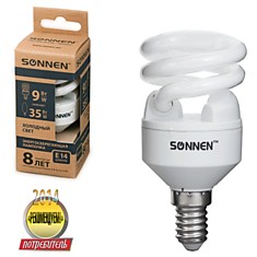 Лампа люминесцентная энергосберегающая SONNEN Т2 9 (35) Вт цоколь E14 8000 часов холодный свет эконом 451064