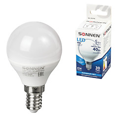 Лампа светодиодная SONNEN 5 (40) Вт цоколь E14 шар холодный белый свет LED G45-5W-4000-E14 453702