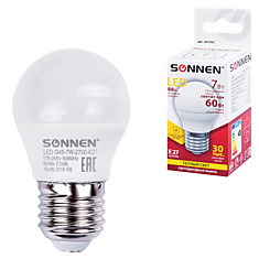 Лампа светодиодная SONNEN 7 (60) Вт цоколь E27 шар теплый белый свет LED G45-7W-2700-E27 453703