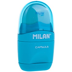Точилка пластиковая с ластиком Milan "Capsule", 1 отверстие, контейнер, ассорти, блистер, европодвес