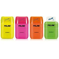 Точилка пластиковая с ластиком Milan "Compact Fluo", 2 отверстия, контейнер, ассорти