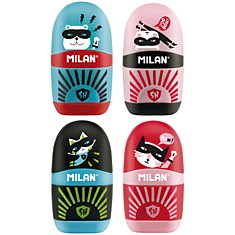 Точилка пластиковая с ластиком Milan "Capsule Super Heroes", 1 отверстие, контейнер, ассорти