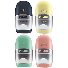 Точилка пластиковая с ластиком Milan "Capsule Silver", 1 отверстие, контейнер, ассорти