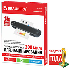 Пленки-заготовки для ламинирования BRAUBERG комплект 100 шт. для формата А4 200 мкм 531777