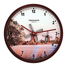 Часы настенные TROYKA 44031441 круг белые с рисунком Мельница коричневая рамка 295х295х54 см