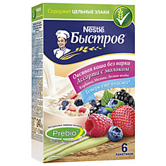 Каша БЫСТРОВ овсяная ассорти с молоком (малина/лесные ягоды/клубника) 240 г (6 шт. по 40 г) 12269396
