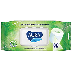 Бумага туалетная влажная Aura "Ultra Comfort", 80шт/пач., экстаркт алоэ, без спирта, клапан
