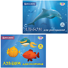 Альбом для рисования, А4, 12 л., обложка картон, BRAUBERG "Веселые рыбки", 103431