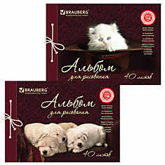 Альбом для рисования, А4, 40 л., на завязках, обложка картон, BRAUBERG "Котенок/Щенок", 102853
